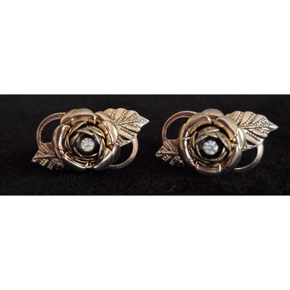 Vintage Gold Filled Rose Screwback Rhinestone Earrings